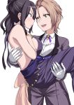  2girls backless_dress backless_outfit bare_shoulders blazer blush bracelet breasts brown_eyes brown_hair carrying collared_shirt commentary_request dress eye_contact formal gloves hair_slicked_back hand_on_own_chest highres idolmaster idolmaster_cinderella_girls jacket jewelry kimura_natsuki large_breasts long_hair looking_at_another mukai_takumi multiple_girls princess_carry shirt sideboob simple_background smile tyotyotyori white_background white_gloves yuri 