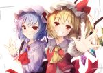  2girls ascot blonde_hair blue_hair blush clenched_teeth closed_mouth crystal eyebrows_visible_through_hair flandre_scarlet hat loli_ta1582 looking_at_viewer mob_cap multiple_girls red_eyes red_neckwear remilia_scarlet short_hair side_ponytail smile teeth touhou white_headwear wings wrist_cuffs yellow_neckwear 