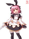  1girl animal_ears apron artist_logo astolfo_(fate) astolfo_(fate)_(cosplay) astolfo_(saber)_(fate) astolfo_(saber)_(fate)_(cosplay) bangs black_dress black_gloves black_legwear black_neckwear colored_tips commentary_request contrapposto cosplay dated dress fang fate/grand_order fate_(series) frilled_legwear gloves hair_between_eyes highres kanon_(kurogane_knights) kantai_collection kunashiri_(kantai_collection) look-alike messy_hair multicolored_hair open_mouth orange_eyes pink_hair rabbit_ears simple_background skin_fang solo sword thigh-highs two-tone_hair two_side_up weapon white_apron white_background 