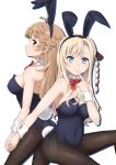  2girls animal_ears back-to-back black_legwear black_leotard blonde_hair blue_eyes bow bowtie braid breasts brown_eyes brown_hair bunny_girl bunny_tail bunnysuit commentary_request detached_collar finger_to_mouth fishnet_legwear fishnets high_school_fleet highres hiraizumi_(mugenkidousha) leotard long_hair looking_at_viewer medium_breasts multiple_girls nosa_kouko pantyhose profile rabbit_ears red_neckwear simple_background single_braid sitting standing strapless strapless_leotard tail twin_braids white_background wilhelmina_braunschweig_ingenohl_friedeburg wrist_cuffs 