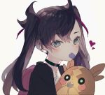  1girl backpack bag black_hair blush choker earrrings eating food from_side fruit grapes green_eyes hair_ribbon holding holding_pokemon jacket looking_at_viewer mary_(pokemon) morpeko pink_backpack pokemon pokemon_(creature) pokemon_(game) pokemon_swsh red_ribbon ribbon short_hair simple_background solo twintails 