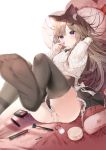  1girl animal_ear_fluff animal_ears black_legwear black_skirt blurry blurry_foreground blush breasts brown_hair cat_ears cat_girl cat_tail closed_mouth commentary depth_of_field frilled_skirt frills hair_ornament hairclip has_bad_revision has_cropped_revision highres holding holding_lipstick_tube leo_(mafuyu) lipstick long_hair long_sleeves looking_at_viewer mafuyu_(chibi21) makeup medium_breasts multicolored_hair no_shoes one_side_up original panties purple_hair ribbed_sweater ribbon side-tie_panties skirt sleeves_past_wrists soles solo streaked_hair sweater symbol_commentary tail tail_raised tail_ribbon thigh-highs twitter_username underwear very_long_hair violet_eyes white_panties white_ribbon white_sweater 
