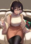  1girl bare_shoulders black-framed_eyewear black_hair blush bob_cut breasts christmas_present couch gift glasses highres jacket kagematsuri original pantyhose pencil_skirt removing_jacket short_hair simple_background sitting skirt solo sweater twitter_username violet_eyes 