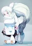  1girl blue_eyes boots breast_rest breasts breasts_on_head eiscue fur_hat gen_8_pokemon hat highres jewelry large_breasts long_hair melon_(pokemon) pantyhose pokemon pokemon_(game) pokemon_swsh ring shorts smile souji_hougu sweater ushanka white_hair 