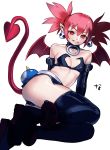  1girl 88362 absurdres arm_belt belt black_belt black_choker black_footwear black_gloves black_legwear black_skirt blue_wings boots breasts buckle choker demon_girl demon_tail demon_wings disgaea earrings elbow_gloves etna flat_chest gloves highres jewelry makai_senki_disgaea navel pointy_ears prinny red_eyes red_wings redhead simple_background skirt skull_earrings small_breasts tail thigh-highs thigh_boots twintails white_background white_belt wings 