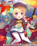  1girl autumn autumn_leaves bell black_footwear blonde_hair bow breasts brown_headwear brown_jacket bucchake_(asami) commentary_request cropped_jacket cup dango downblouse dress food garter_straps hat hat_bow hat_ribbon jacket jingle_bell knees_together_feet_apart koihime_musou leaf mary_janes open_mouth outdoors pink_eyes ribbon shoes shokatsuryou short_dress short_hair sitting small_breasts smile solo tea teacup thigh-highs wagashi white_dress white_legwear 