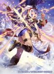  1girl boots bracelet clouds company_name copyright_name dress electricity fire_emblem fire_emblem:_genealogy_of_the_holy_war fire_emblem_cipher from_side holding holding_sword holding_weapon jewelry konfuzikokon long_hair looking_to_the_side official_art open_mouth outdoors ponytail purple_hair ring sky snow snowflakes solo sword tailtiu_(fire_emblem) tree violet_eyes weapon 