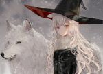  1girl animal bangs black_headwear black_jacket blush braid chiemo_(xcem) curly_hair french_braid fur_collar fur_trim hair_flaps hat highres jacket long_hair original parted_lips red_eyes snow snowing solo upper_body white_hair witch_hat wolf 