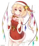  1girl blonde_hair bow box christmas commentary_request cowboy_shot eyebrows_visible_through_hair flandre_scarlet fur_bracelet fur_trim gift gift_box haruki_(colorful_macaron) hat heart-shaped_box highres merry_christmas one_side_up red_eyes santa_costume santa_hat sash smile solo thigh-highs touhou twitter_username white_background white_legwear wings 