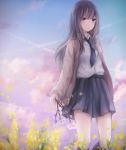  1girl black_hair branch cherry_blossoms commentary highres holding long_hair necktie original outdoors school_uniform sky solo spring_(season) tukimisou0225 