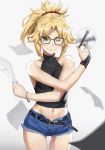  1girl bangs bare_shoulders belt black_shirt blush braid breasts closed_mouth cutoffs denim denim_shorts fate/apocrypha fate_(series) french_braid glasses green_eyes hair_ornament hair_scrunchie highres long_hair looking_at_viewer midriff mordred_(fate) mordred_(fate)_(all) navel one_eye_closed paper parted_bangs pen ponytail red_scrunchie scrunchie shirt shorts sidelocks sleeveless small_breasts solo thighs tonee white_background 