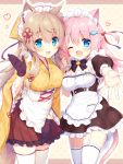  2girls absurdres animal_ear_fluff animal_ears apron back_bow bell bell_collar black_gloves black_neckwear blonde_hair blue_eyes blush bow bowtie breasts cat_ears cat_tail collar commentary_request eyebrows_visible_through_hair fang fish_hair_ornament fox_ears garter_belt gloves hair_between_eyes hair_ornament hair_ribbon heart highres japanese_clothes kimono long_hair looking_at_viewer maid maid_apron maid_headdress medium_breasts multiple_girls name_tag natsuki_marina one_eye_closed open_mouth original outstretched_arm pink_hair ribbon skin_fang smile tail thigh-highs wa_maid zettai_ryouiki 