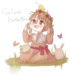  1girl animal animal_on_head bird blush bow brown_hair bug butterfly chibi eyebrows_visible_through_hair flower frills grass highres insect long_hair on_head open_mouth original pink_flower purple_flower rabbit red_bow red_flower shano-pirika simple_background sleeping smile tongue twintails violet_eyes yellow_flower zzz 