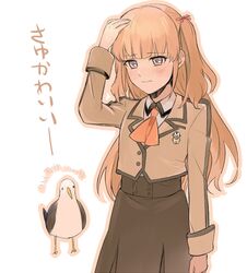  1girl aki_(neyuki41028) ascot bangs bird blonde_hair blunt_bangs blush brown_eyes brown_jacket brown_skirt collared_shirt eyebrows_visible_through_hair hair_between_eyes hair_ribbon hand_on_head high-waist_skirt hisanuma_sayu jacket long_hair long_sleeves looking_down nagi_no_asukara orange_neckwear pink_ribbon pleated_skirt ribbon shirt sketch skirt solo standing twintails very_long_hair white_background white_shirt wing_collar 