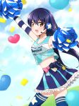  1girl arm_up arms_up bangs bare_shoulders blue_hair blue_legwear blush cheering cheerleader commentary_request cowboy_shot crop_top elbow_gloves from_side gloves hair_between_eyes headset highres long_hair looking_at_viewer love_live! love_live!_school_idol_project midriff misoradeko navel polka_dot_skirt pom_poms skirt smile solo sonoda_umi striped striped_gloves takaramonozu thigh-highs yellow_eyes 