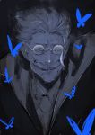  1boy blue blue_butterfly bug butterfly facial_hair glasses grin highres insect james_moriarty_(fate/grand_order) looking_at_viewer male_focus miwa_shirou mustache old_man portrait smile solo spectacles 