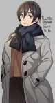  1girl agawa_ryou black_hair brown_eyes commentary dated eyebrows_visible_through_hair grey_background hands_in_pockets jacket lips looking_at_viewer original scarf short_hair signature simple_background solo thick_eyebrows 