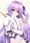  1girl absurdres ahoge azur_lane bare_shoulders breasts detached_sleeves doll_hug dress hair_bun highres large_breasts lavender_hair long_hair long_sleeves looking_at_viewer ryara_vivi side_cutout simple_background solo stuffed_alicorn unicorn_(azur_lane) upper_body violet_eyes white_background white_dress 