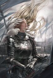  1girl animal animal_on_shoulder armor battlefield belt bird bird_on_shoulder blonde_hair blood breastplate closed_eyes dove eyelashes flag floating_hair gauntlets hands_on_hilt highres knight long_hair original planted_weapon polearm red_lips solo spear srasa sword torn_flag upper_body weapon wind 