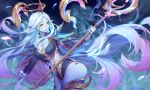  1girl alternate_costume asymmetrical_clothes blue_legwear blue_skin feathers gold_trim gradient_hair halo kan_(rainconan) league_of_legends long_hair multicolored_hair pauldrons simple_background soraka staff thigh-highs yellow_eyes 