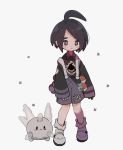  1boy ahoge black_hair blush galarian_corsola gloves gym_leader highres male_focus ndr_(omumorning) onion_(pokemon) poke_ball poke_ball_(generic) pokemon pokemon_(creature) pokemon_(game) pokemon_swsh short_hair shorts simple_background single_glove suspender_shorts suspenders violet_eyes 