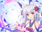  1girl :d animal_ear_fluff animal_ears bangs bare_shoulders blue_flower blush bow breasts commentary_request detached_sleeves eyebrows_visible_through_hair flower fox_ears hair_flower hair_ornament japanese_clothes kimono long_hair long_sleeves medium_breasts open_mouth original petals red_bow red_eyes red_flower sidelocks silver_hair sleeveless sleeveless_kimono smile solo tenmu_shinryuusai upper_body upper_teeth white_kimono white_sleeves 