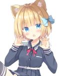  1girl :o animal_ear_fluff animal_ears belt belt_buckle black_legwear black_shirt black_skirt blonde_hair blue_bow blue_eyes blush bow breasts buckle claw_pose collarbone collared_shirt commentary_request dress_shirt epaulettes fang fingernails fox_ears hair_bow hands_up highres long_sleeves nail_polish neck_ribbon open_mouth pleated_skirt red_ribbon ribbon rukiroki saeki_sora sasugano_roki shirt simple_background skirt small_breasts solo thigh-highs virtual_youtuber white_background white_belt yellow_nails 