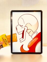  1boy 2024 2d armor artist_name cape closed_eyes digital_media feeding food fourth_wall from_side highres humanoid male male_focus mcdonald&#039;s mixed_media monster monster_boy open_mouth papyrus_(undertale) photo_(medium) profile red_cape skeleton solo soto_undertale teeth twitter_username undead undertale utdr_(toby_fox) white_armor 