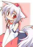  bare_shoulders blush collar detached_sleeves hat inubashiri_momiji leash mouth_hold red_eyes short_hair silver_hair simple_background suzukishi tail tokin_hat touhou wolf_ears wolf_tail 