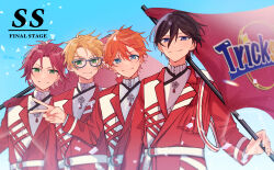  4boys absurdres akehoshi_subaru bangs_pinned_back black_hair blonde_hair blue_sky closed_mouth ensemble_stars! flag green_eyes hair_between_eyes hidaka_hokuto highres holding holding_flag isara_mao jacket long_sleeves looking_at_viewer male_focus multiple_boys orange_hair red_hair red_jacket short_hair sky smile trickstar_(ensemble_stars!) v yuuki_makoto_(ensemble_stars!) zu_tonatuyasumi 