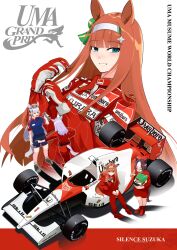  4girls absurdres animal_ears aqua_bow belt blue_eyes blue_shirt blue_shorts blunt_bangs blush bow braid brown_hair brown_hat car closed_eyes ear_bow ear_ribbon formula_one formula_racer gloves gold_ship_(umamusume) green_helmet grey_hair hair_ornament hairband hat helmet highres hime_cut holding holding_unworn_helmet holding_wrench holeecrab horse_ears horse_girl horse_tail long_hair long_sleeves marlboro mejiro_mcqueen_(umamusume) motor_vehicle multicolored_hair multiple_girls open_mouth orange_hair orange_tail pants parted_lips pillbox_hat pit_crew purple_hair race_vehicle racecar racing_suit red_pants red_racing_suit red_shirt shirt shoes short_hair shorts silence_suzuka_(umamusume) smile special_week_(umamusume) tail two-tone_hair umamusume unworn_headwear unworn_helmet violet_eyes walkie-talkie white_hair white_hairband wrench 