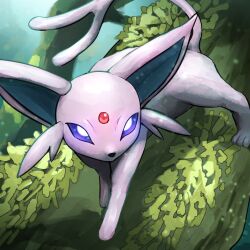  absurdres espeon forehead_jewel forked_tail highres looking_at_another looking_at_viewer no_humans pink_fur pokemon pokemon_(creature) solo spicyichizo tail violet_eyes 