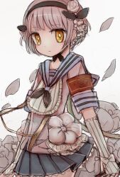  1girl bud butter_run fingerless_gloves flower_ornament gloves hair_ornament hairband highres magical_girl mahou_shoujo_ikusei_keikaku mahou_shoujo_ikusei_keikaku_restart miniskirt petals pink_hair sailor_collar school_uniform short_hair skirt snow_white_(mahoiku) yellow_eyes 