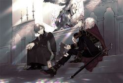  2boys akke_(akke299) animal arm_on_knee black_boots black_cat black_coat black_hair black_jacket black_pants black_ribbon boots brown_hair candle candlestand cape cat church closed_mouth coat cross cross_necklace ear_piercing earrings fur-trimmed_cape fur_trim glasses grey_hair hair_between_eyes hair_ribbon indoors jacket jewelry kanae_(nijisanji) knee_up kuzuha_(nijisanji) light_rays long_sleeves looking_at_animal looking_at_another low_ponytail male_focus medium_hair mole mole_under_eye multiple_boys necklace nijisanji official_art pants petting piercing pointy_ears ponytail priest red_cape red_eyes ribbon ring sheath sheathed sitting sitting_on_stairs smile stained_glass stairs statue sunlight sword vampire virtual_youtuber weapon white_hair 