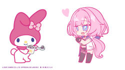  1girl black_boots black_gloves black_shorts blue_eyes boots chibi elysia_(honkai_impact) food gloves heart holding holding_spoon honkai_(series) honkai_impact_3rd ice_cream jacket long_hair mcdonald&#039;s my_melody nabeiro_kin official_alternate_costume onegai_my_melody pink_hair sanrio shorts simple_background smile spoon very_long_hair white_background white_jacket white_rabbit_(animal) 