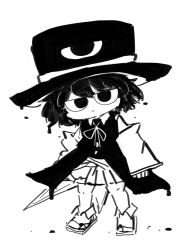  1other androgynous aodo_mikan bare_shoulders closed_mouth coat coattails collared_shirt collared_socks commentary_request detached_sleeves dripping enraku_tsubakura expressionless eye_of_senri full_body greyscale hakama hakama_short_skirt hakama_skirt hat highres ink japanese_clothes jitome len&#039;en long_sleeves looking_at_viewer monochrome neck_ribbon other_focus ribbon ribbon-trimmed_coat ribbon_trim sandals shirt short_hair simple_background skirt sleeveless sleeveless_coat sleeveless_shirt sleeves_past_wrists solo tabi top_hat white_background wide_sleeves zouri 