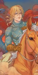  1boy absurdres argyle_clothes argyle_sweater bandaid bandaid_on_face bishounen blonde_hair blue_eyes blue_helmet blue_sky blue_sweater brown_gloves clouds cloudy_sky english_commentary gloves hair_between_eyes helmet highres holding holding_reins horseback_riding jodhpurs jojo_no_kimyou_na_bouken looking_at_viewer male_focus medium_hair no_headwear noquelle_art pants red_clouds reins riding scary_monsters_(stand) silver_bullet_(jojo) sky stand_(jojo) steel_ball_run sweater 