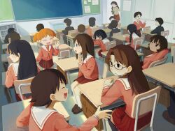  5boys 6+girls azumanga_daioh azumanga_daioh's_school_uniform classroom highres kagura_(azumanga_daioh) kaori_(azumanga_daioh) kasuga_ayumu labuyoi mihama_chiyo mizuhara_koyomi multiple_boys multiple_girls rachel_handlebarz sakaki_(azumanga_daioh) school_uniform takino_tomo talking tanizaki_yukari waving 
