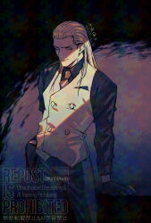  1boy black_gloves blonde_hair buttons closed_mouth double-breasted dress_shirt fatal_fury geese_howard gloves hair_slicked_back handkerchief_in_pocket highres katou_teppei long_hair long_sleeves looking_at_viewer male_focus necktie pants partially_colored red_necktie ryuuko_no_ken shirt simple_background smile solo standing vest watermark white_vest 