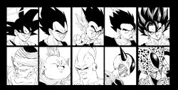  1st_form_frieza 6+boys antennae armor biceps black_border black_sclera border cell_(dragon_ball) close-up closed_eyes closed_mouth colored_sclera commentary dai_kaioushin dragon_ball dragon_ball_z dragon_ball_z:_hyper_dimension earrings english_commentary evil_smile facing_viewer fenyon finger_to_face fingernails frieza gloves gotenks greyscale grin halo hand_up head_down high_collar highres horns imperfect_cell jewelry long_fingernails looking_afar looking_at_viewer majin_buu male_focus metamoran_vest mohawk monochrome multicolored_hair multiple_boys neckerchief over_shoulder piccolo pointy_ears potara_earrings profile saiyan_armor salute simple_background slit_pupils smile son_gohan son_goku spiky_hair streaked_hair super_buu sword sword_over_shoulder tail turban two-finger_salute vegeta vegetto weapon weapon_over_shoulder white_background 