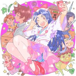  4boys ankle_bow azuma_sara azuma_sara_(cosplay) blue_hair bow brown_hair commentary_request cosplay crossdressing crossdressing_(mtf) crossed_arms cucumber floating high_heels holding_ruler japanese_clothes jinnai_enta keppi kimono kuji_toi long_hair long_sleeves male_focus multiple_boys multiple_views necktie nyantaro_(sarazanmai) one_eye_closed open_mouth orange_cat red_bow red_necktie red_shoes round_eyewear sanmamaguro sarazanmai selfie shirt shoes soccer_uniform sportswear striped_clothes striped_shirt v very_long_hair white_kimono yasaka_haruka yasaka_kazuki 