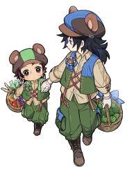  2boys alternate_costume bear_hat black_hair blue_eyes boots brown_boots child closed_mouth full_body gloves green_pants green_vest grey_gloves hanafuda highres holding_hands kamado_tanjirou kimetsu_no_yaiba light_blush low_ponytail male_focus multiple_boys pants ponytail simple_background spiky_hair tomioka_giyuu vest walking white_background yanzhan 
