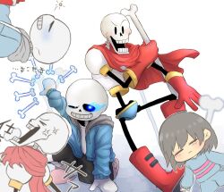  1other 2018 2boys 2d =_= ambiguous_gender arm_support armor black_shorts blue_jacket blue_shirt blue_shorts bone boots brothers brown_hair cape child digital_media double_horizontal_stripe drawstring dynamic_pose fighting_stance flaming_eye frisk_(undertale) gloves glowing glowing_eye grey_hood height_difference holding holding_bone hollow_eyes hood hood_down hooded_jacket horizontal-striped_clothes human humanoid jacket kamekame627101 male mittens monster monster_boy multiple_boys on_one_knee open_clothes open_jacket open_mouth papyrus_(undertale) pink_slippers pink_stripes red_boots red_cape red_gloves sans_(undertale) shirt short_hair shorts siblings simple_background single_vertical_stripe skeleton slippers socks striped_clothes striped_shirt striped_shorts teeth text trio two-tone_shirt undead undertale uneven_eyes utdr_(toby_fox) vertical-striped_clothes vertical-striped_shorts white_armor white_background white_mittens white_shirt white_socks white_stripes 