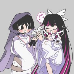  1boy 1girl aracanthus38633 armor bird bird_on_hand black_eyes black_hair blunt_bangs blunt_ends blush_stickers bow brown_sash closed_eyes clothing_cutout columbina_(genshin_impact) crescent_print detached_sleeves dove dress eye_mask eyelashes eyes_visible_through_eyewear facing_another genshin_impact giving grey_background hair_ornament hair_ribbon hair_tubes hands_up head_wings highres japanese_armor japanese_clothes kariginu kimono kote kurokote layered_sleeves long_hair long_sleeves looking_at_another multicolored_hair multiple_wings musical_note open_mouth pants pelvic_curtain pink_hair purple_kimono purple_sash purple_sleeves purple_trim purple_veil ribbon sash scaramouche_(genshin_impact) scaramouche_(kabukimono)_(genshin_impact) shoulder_cutout spoken_musical_note streaked_hair tress_ribbon veil very_long_hair white_bow white_dress white_mask white_mouth white_pants white_ribbon white_sleeves white_wings wide_sleeves wing_hair_ornament wings wispy_bangs 