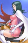  boots breasts cape dress elbow_gloves gatchaman gloves green_eyes green_hair helmet jun_the_swan large_breasts lips sano_toshihide short_dress sitting skin_tight solo thigh-highs thigh_boots thighhighs toshihide_sano zettai_ryouiki 