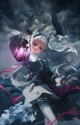  1girl absurdres animal arknights arm_up bird black_bird black_dress black_eyes black_gloves chinese_commentary closed_mouth clouds commentary_request dress front-seamed_legwear gloves grey_dress grey_hair grey_pantyhose hair_intakes highres holding holding_lantern irene_(arknights) lantern long_hair long_sleeves looking_at_viewer ocean outdoors overcast pantyhose puffy_long_sleeves puffy_sleeves scar scar_across_eye scar_on_face seamed_legwear simple_bird sky solo splashing water wind yanzhiranjiangshan 