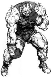  1boy balrog_(street_fighter) black_hair boxing_gloves boxing_shorts full_body game_cg gloves greyscale highres missing_tooth monochrome muscular nishimura_kinu non-web_source official_art shoes short_hair shorts smile solo street_fighter street_fighter_ii_(series) tank_top torn_clothes torn_sleeves veins veiny_arms white_background 