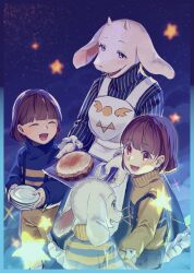  1boy 1girl 2others :d ^_^ absurdres alternate_universe ama_(pixiv_50406250) apron asriel_dreemurr backlighting black_shorts blue_border blue_dress blue_eyes blue_sky blue_sweater blunt_bangs bob_cut border brown_hair chara_(undertale) closed_eyes commentary_request cowboy_shot delta_rune_(symbol) dress fang fangs fingernails food frilled_dress frilled_sleeves frills frisk_(undertale) furry furry_female furry_male goat_boy goat_girl hair_behind_ear highres holding holding_hands holding_plate holding_tray horns kneehighs long_sleeves looking_at_another medium_dress mother_and_son multiple_others night night_sky open_mouth outertale pie plate puffy_long_sleeves puffy_sleeves red_eyes short_hair shorts simple_background sky smile socks standing star_(symbol) striped_clothes striped_dress striped_sweater suspender_shorts suspenders sweater tongue toriel tray turtleneck turtleneck_sweater two-tone_dress two-tone_sweater undertale utdr_(toby_fox) vertical-striped_clothes vertical-striped_dress white_apron white_fur white_socks yellow_dress yellow_shorts yellow_sweater 