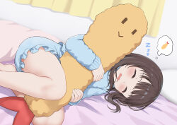  1girl absurdres barefoot bed blue_pajamas blue_shirt blue_shorts blush brown_hair closed_eyes curtains drooling feet_out_of_frame frilled_shorts frills highres hugging_object indoors long_sleeves lying mouth_drool nedia_(nedia_region) on_bed on_side open_mouth original pajamas pillow shirt shorts sleeping sleeves_past_wrists solo spoken_food wavy_mouth zzz 