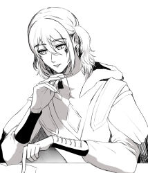  1boy arm_on_table cape cleavage_cutout clothing_cutout commentary_request diamond_cutout eyelashes facial_mark fingernails greyscale hair_between_eyes happy highres holding holding_pen hood hood_down hooded_cape kohanai_setsuna leonid_(shining_nikki) long_sleeves male_focus marking_on_cheek medium_hair monochrome nikki_(series) nostrils one_side_up parted_lips pen pointy_nose puffy_long_sleeves puffy_sleeves reading shining_nikki shirt simple_background smile solo star_(symbol) star_facial_mark turtleneck turtleneck_shirt upper_body wavy_hair white_background 